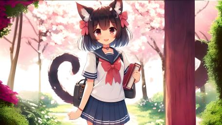 Anime Catgirl in Cherry Blossom School Pathway wallpaper