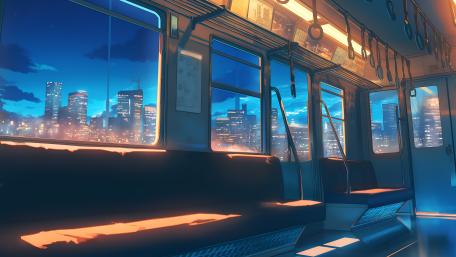 Dusk Train Journey in an Anime City wallpaper