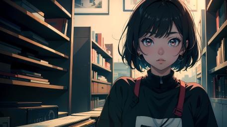 Anime Girl in Serene Library Setting wallpaper