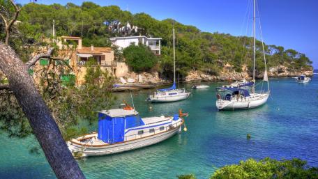 Serene Coastal Escape with Boats and Greenery wallpaper