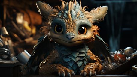 Baby Dragon's Enchanting Gaze in Fantasy Realm wallpaper