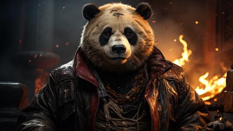 Panda Bandit in Fiery Jacket Adventure wallpaper
