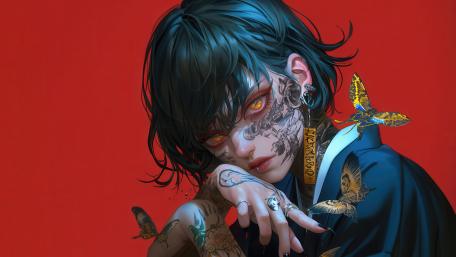 Tattooed Anime Girl with Butterflies in 4K wallpaper