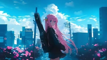Pink-Haired Guitarist in a Dreamy Cityscape wallpaper