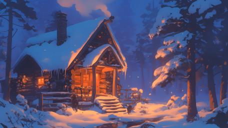 Snowy Cabin Serenity at Night wallpaper