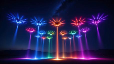 Neon Drones Illuminate Night Sky in Laser Show wallpaper