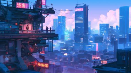 Futuristic Skyline in Vibrant Anime Cityscape wallpaper