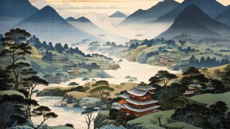 Ancient Tranquility in a Digital Japanese Landscape wallpaper