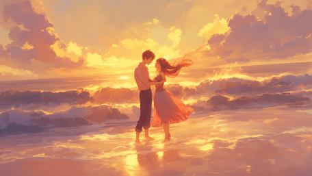 Sunset Serenity: A Romantic Anime Moment on the Beach wallpaper