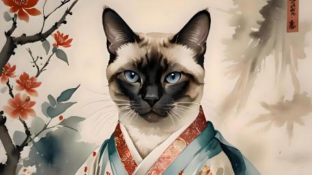 Playful Cat in Traditional Kimono Attire wallpaper