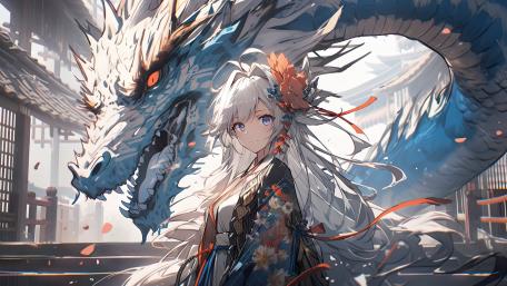 Anime Fantasy Dragon and Enigmatic Girl Scene wallpaper