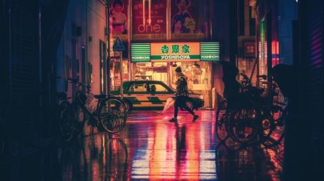 Osaka Nightlife Mystique in a Rainy Alleyway wallpaper