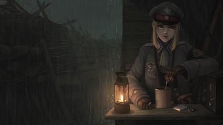 Anime Soldier's Solitude in Candlelit Rain wallpaper