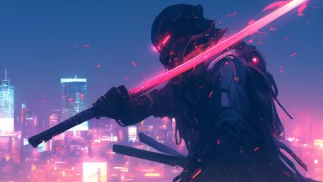 Neon-Bladed Cyberpunk Samurai in Futuristic Cityscape wallpaper