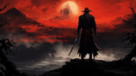 Ninja at Dusk in a Fiery Horizon wallpaper