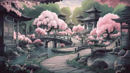 Cherry Blossom Fantasy Oasis in Japanese Art wallpaper