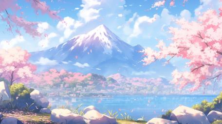Anime Spring Bliss by the Lake in Sakura Bloom wallpaper