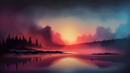 Evening Glow over Misty Lake Scenery wallpaper