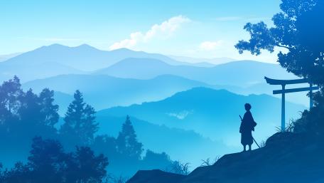 Samurai's Evening: A Serene Silhouette Scene wallpaper