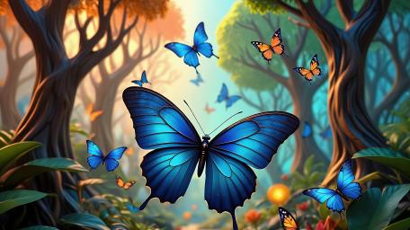 Blue Butterflies in Enchanted Forest wallpaper