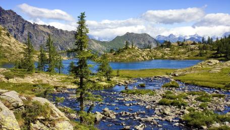 Riparian Serenity in Majestic Mountain Landscape wallpaper