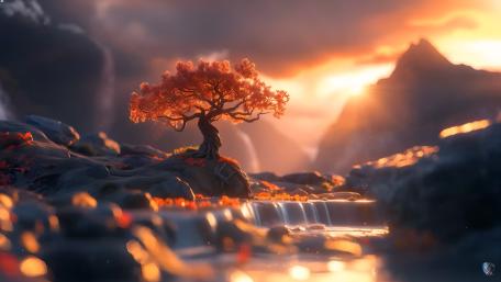 Serene Sunset in a Fantasy Zen Garden wallpaper