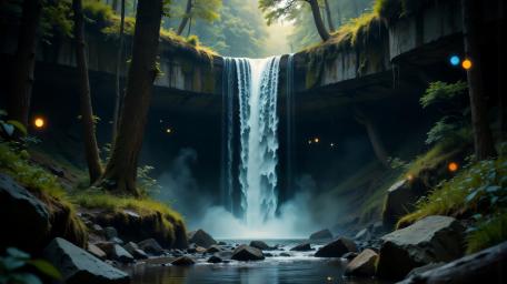 Waterfall Harmony in a Mystical Forest wallpaper