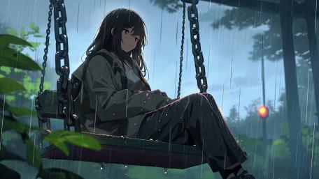 Rainy Reflection with Anime Girl on Swing wallpaper