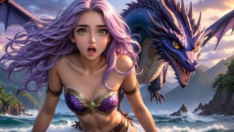 Purple-Haired Anime Girl Facing Fearsome Dragon wallpaper