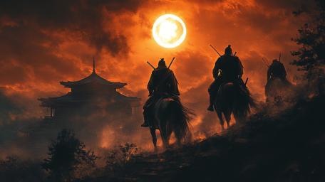 Sunset Warriors: Samurai Dusk Fantasy Scene wallpaper