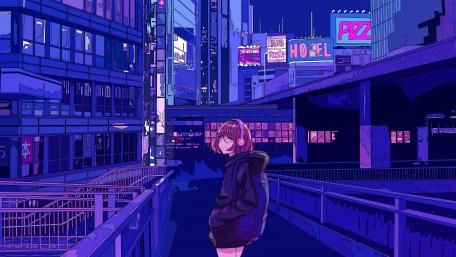 Anime Dreamscape in Blue City Glow wallpaper
