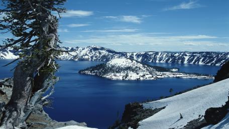 Crater Lake's Snow-Capped Serenity in Wintertime wallpaper