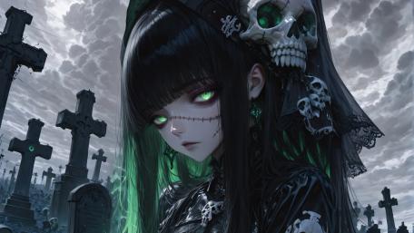 Gothic Enigma in a Haunting Graveyard Scene wallpaper