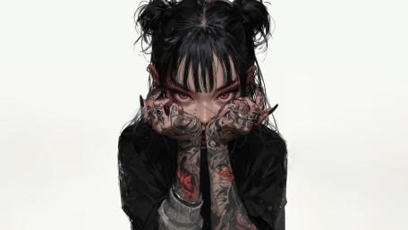 Tattooed Anime Girl with Black Hair and Bangs wallpaper