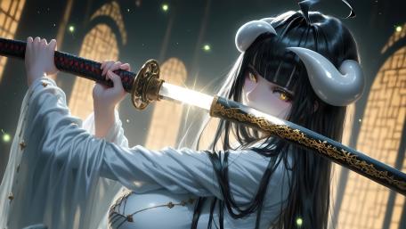 Horned Samurai Wields Enchanted Katana wallpaper