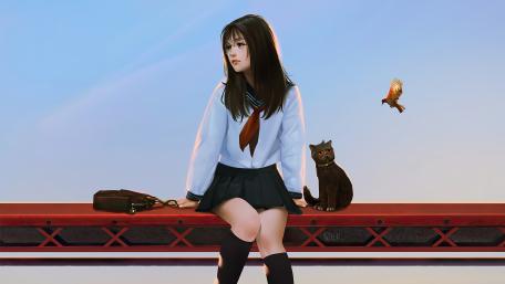 Anime Schoolgirl with Cat and Bird in Tranquil Setting wallpaper