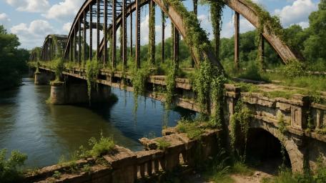 Abandoned Bridge Embraced by Nature's Growth wallpaper