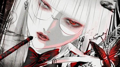 Anime Demon Girl with Red Eyes and Glasses wallpaper