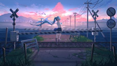 Hatsune Miku Awaits the Sunrise by the Sea wallpaper