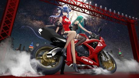 Biker Beauties Under Explosive Skies wallpaper