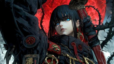 Warrior's Gaze Under Crimson Moon wallpaper