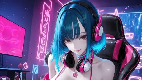 Blue-Haired Anime Gamer Bliss wallpaper