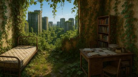 Abandoned Serenity in Overgrown Cityscape wallpaper