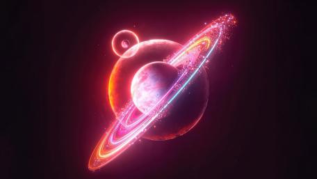 Neon Cosmos Enchantment: A Ringed Planet Wonder wallpaper