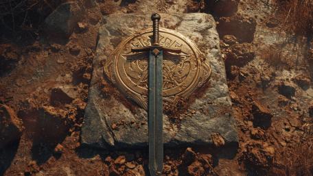 Enchanted Sword on Ancient Relic in Mystical Realm wallpaper