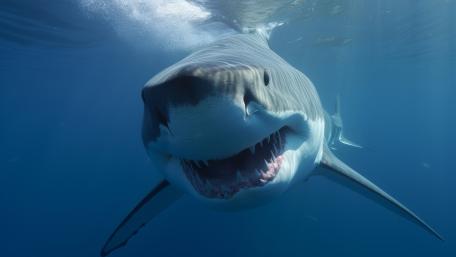 Great White Shark's Intense Underwater Gaze wallpaper
