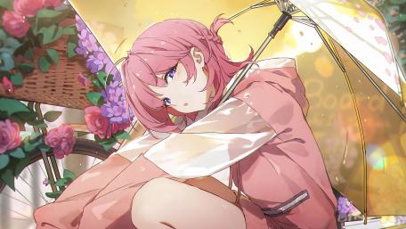 Pink-Haired Anime Girl with Umbrella Tranquility wallpaper