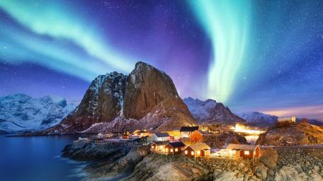 Aurora Over Hamnoy's Majestic Landscape in Lofoten wallpaper
