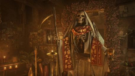 Ethereal Presence of Santa Muerte in Candlelit Chamber wallpaper