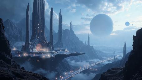 Futuristic Citadel in Misty Mountains at Dusk wallpaper